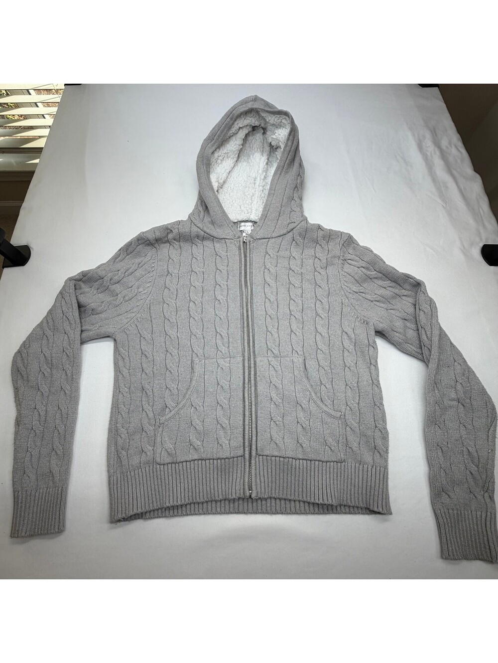 Orange Kiss Women's Sweater Cardigan Hooded Cable Knit Full Zip Size Large Grey